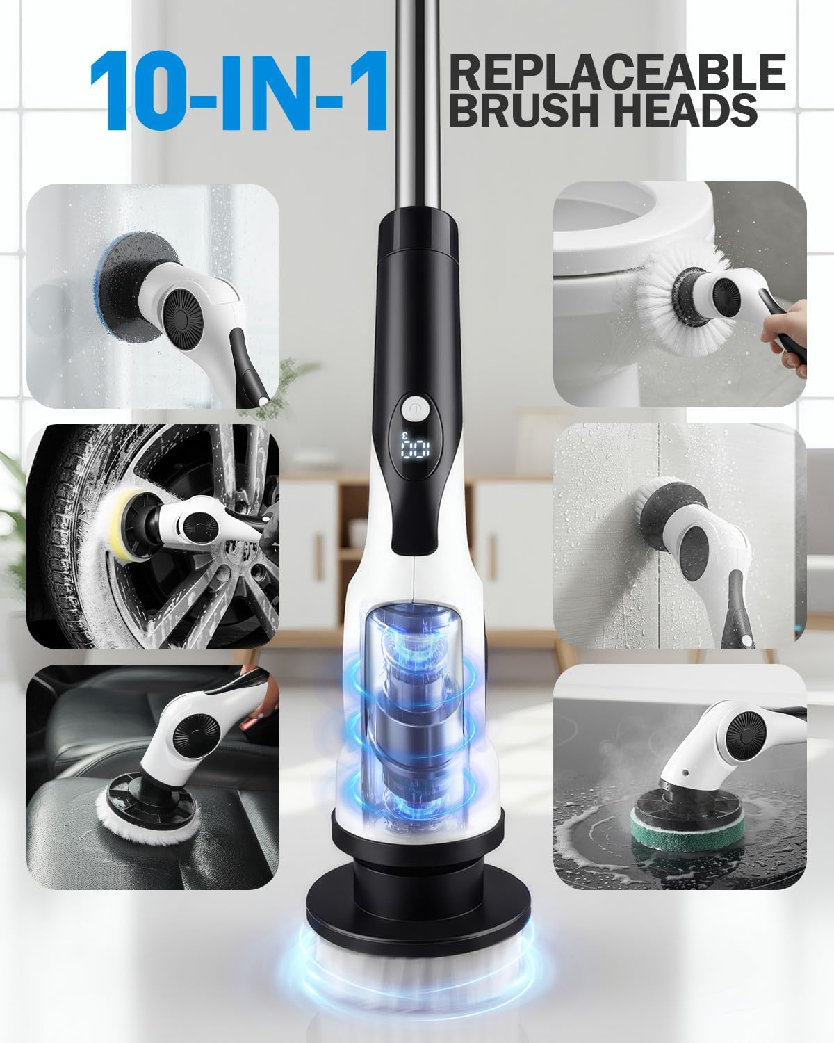 Electric Spin Scrubber, 3-Speed Shower Scrubber with Long Handle & 10 Replaceable Brush Heads, Cordless Full-Body IPX7 Waterproof Shower Cleaner Brush with 90 Mins Runtime for Bathroom