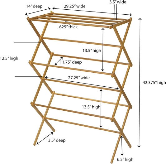 Household Essentials X-Frame Clothes Drying Rack, Stabile Wood Frame with Slanted Feet, Smooth Vinyl Wrapped Rods, 23.8 Feet of Hanging Space, Ready to Assemble, Flat Top, Natural