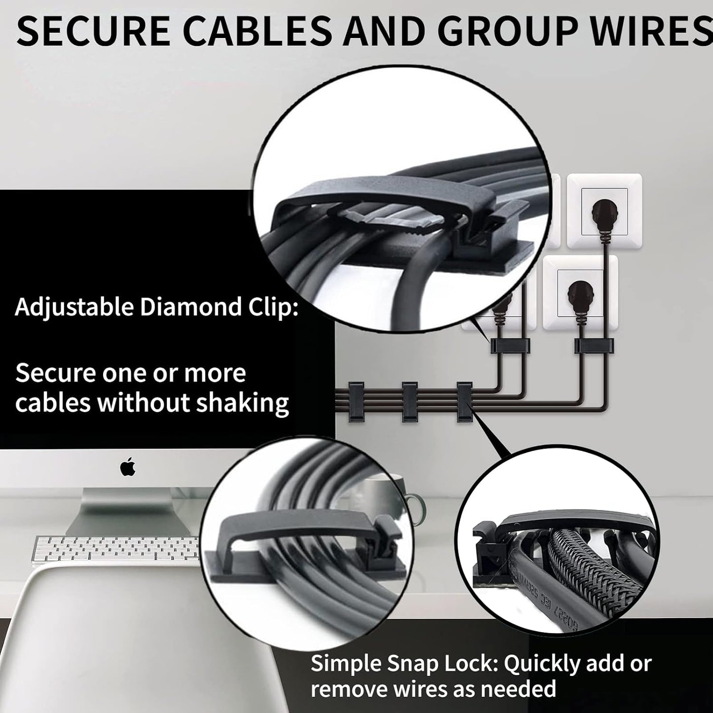 Cable Clips 50PCS, Self Adhesive Cable Management Clips, Cord Organizer Wire Clips Cord Holder for Appliances PC Wall Ethernet Cable Under Desk Nightstand Home Office Car