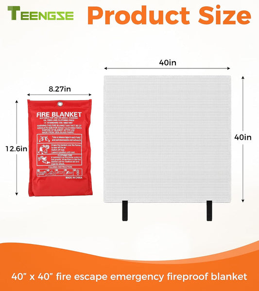 2PCS Fiberglass Fire Blankets, 40” x 40” Fire Escape Emergency Fireproof Blanket for Home, Kitchen, Camping, Barbecue, Car, School, Safety Evacuation