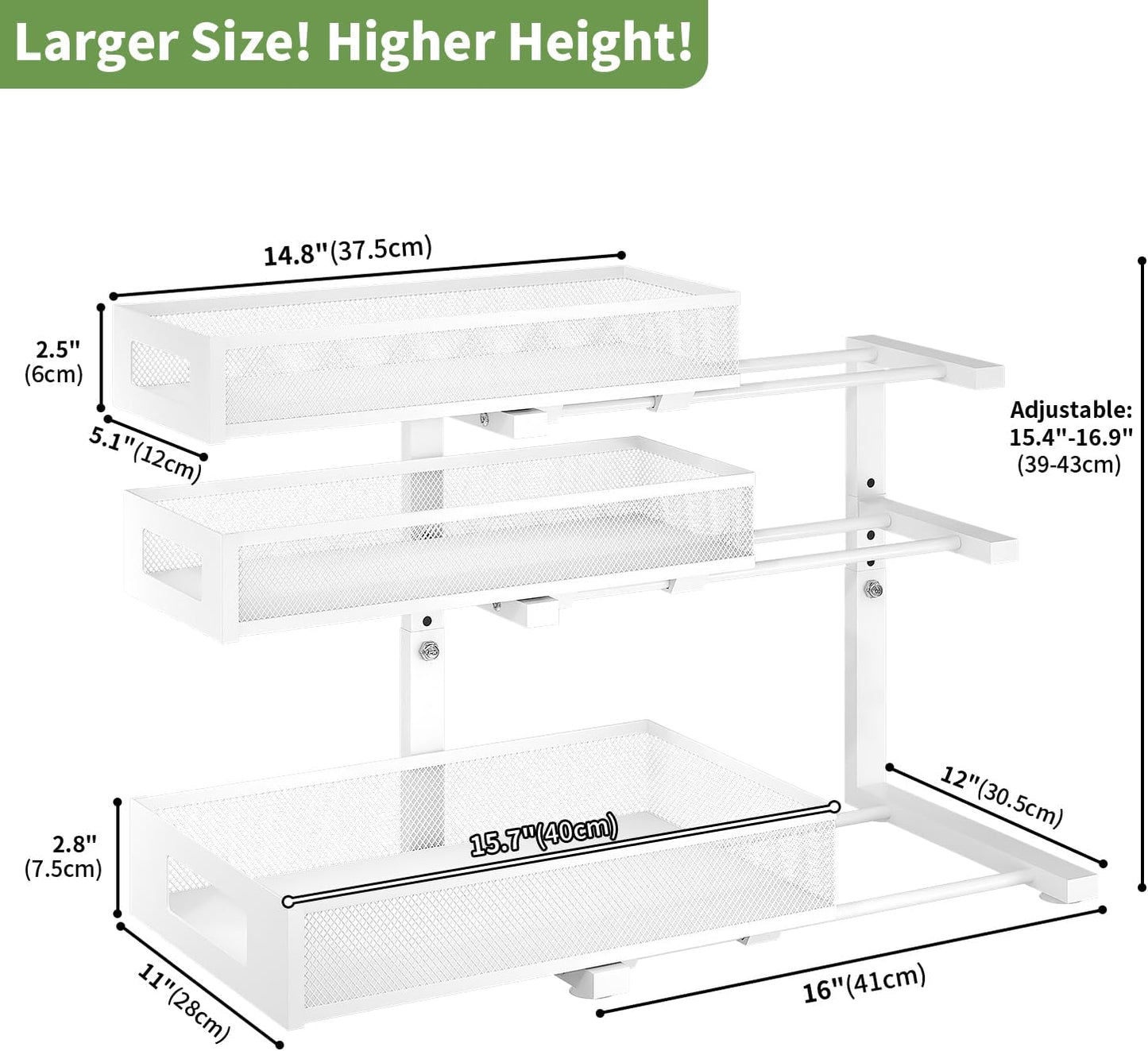 3-Tier Under Sink Organizer,2 Pack Height Adjustable Pull Out Cabinet Organizer Shelf, Thickened Metal Slide out Storage Drawer Rack for Bathroom Laundry Room Kitchen Pantry Organization (White)