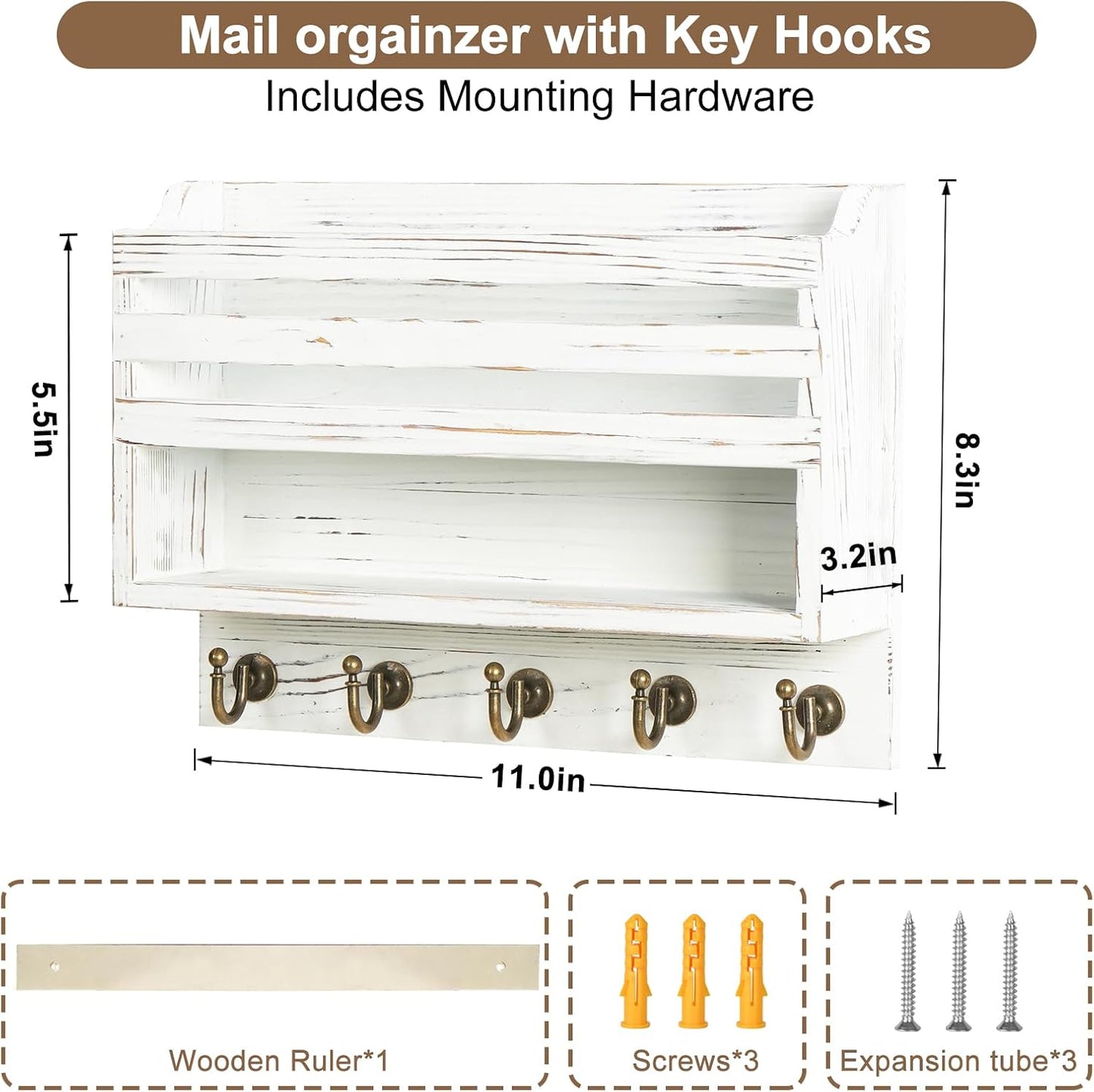 Mail and Key Organizer for Wall – Key Holder Wall Mount with Storage Box and 5 Key Hooks, Mail Holder Wall Mounted for Entryway, Apartment, Office, Home Decor Organization (Brown)