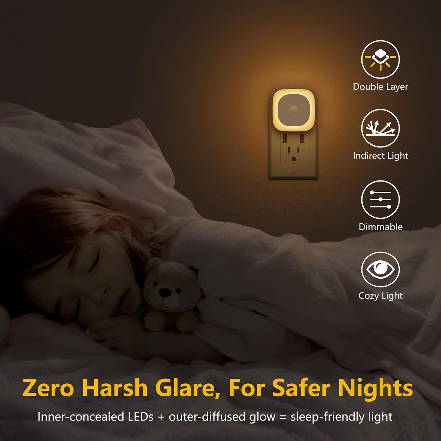 YUNLEX 2 Pack Plug in Red Sleep Night Light with Motion Sensor & Dusk to Dawn Sensor, Soft Glow, 0% Blue Light, Dimmable, Auto On/Off, LED Lights for Bedroom, Kids, Bathroom, Hallway, as Mother Gifts