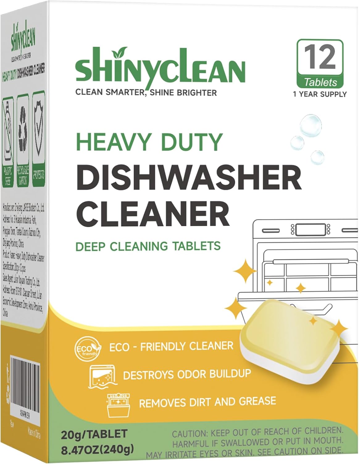 Heavy Duty Dishwasher Cleaning Tablets | Natural Dishwasher Cleaner and Deodorizer | Helps Remove Limescale, Hard Water & Odor | Septic Safe, 12 Pack - 1 Year Supply