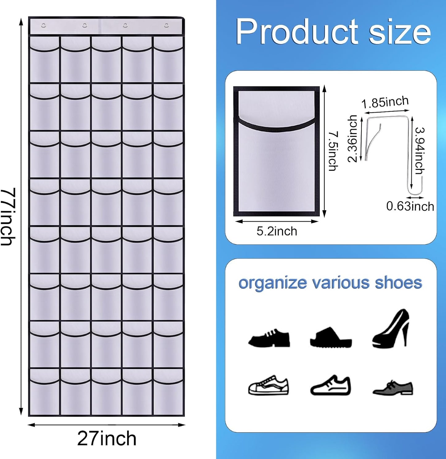 35Large Pockets Over The Door Shoe Organizer, Mesh Pockets Shoe Holder Rack, Capacity Shoe Hanging Storage,door shoe rack With 4 Metal Hook.