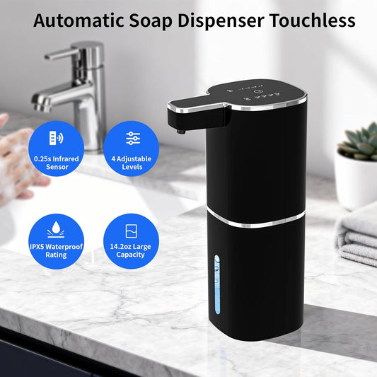 Automatic Foaming Soap Dispenser, Touchless Hand Soap Dispenser, USB Rechargeable, 4 Adjustable Levels, 14.2 oz (420 ml) Large Capacity, for Bathroom, Kitchen & School (Black, Foaming)
