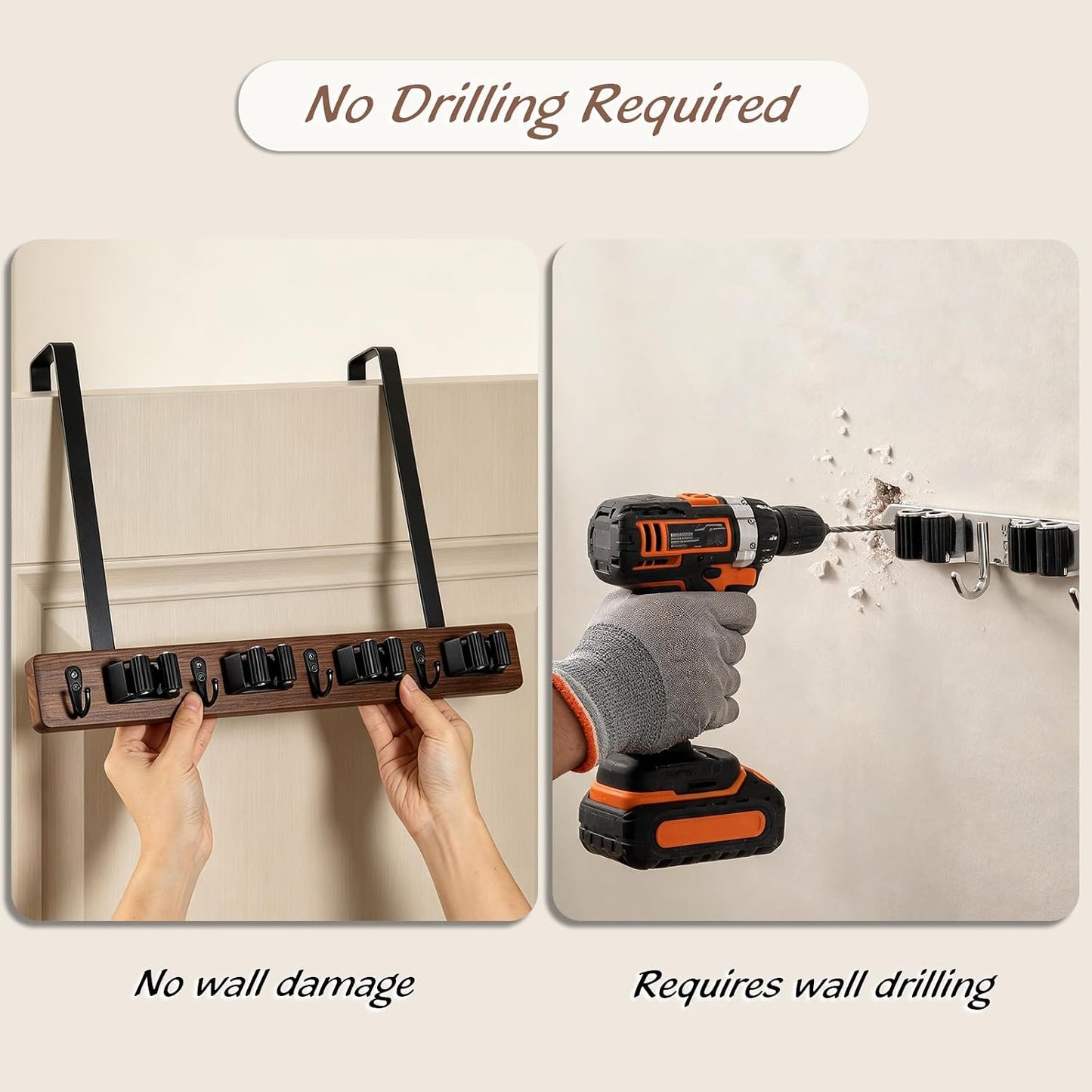 OUTNILI Over the Door Broom and Mop Holder, Wood Broom Organizer with 4 Slots and 4 Hooks, No Drilling Door Mount Tool Rack for Laundry Room, Garage, Closet, Kitchen, Rustic Cleaning Tool Storage