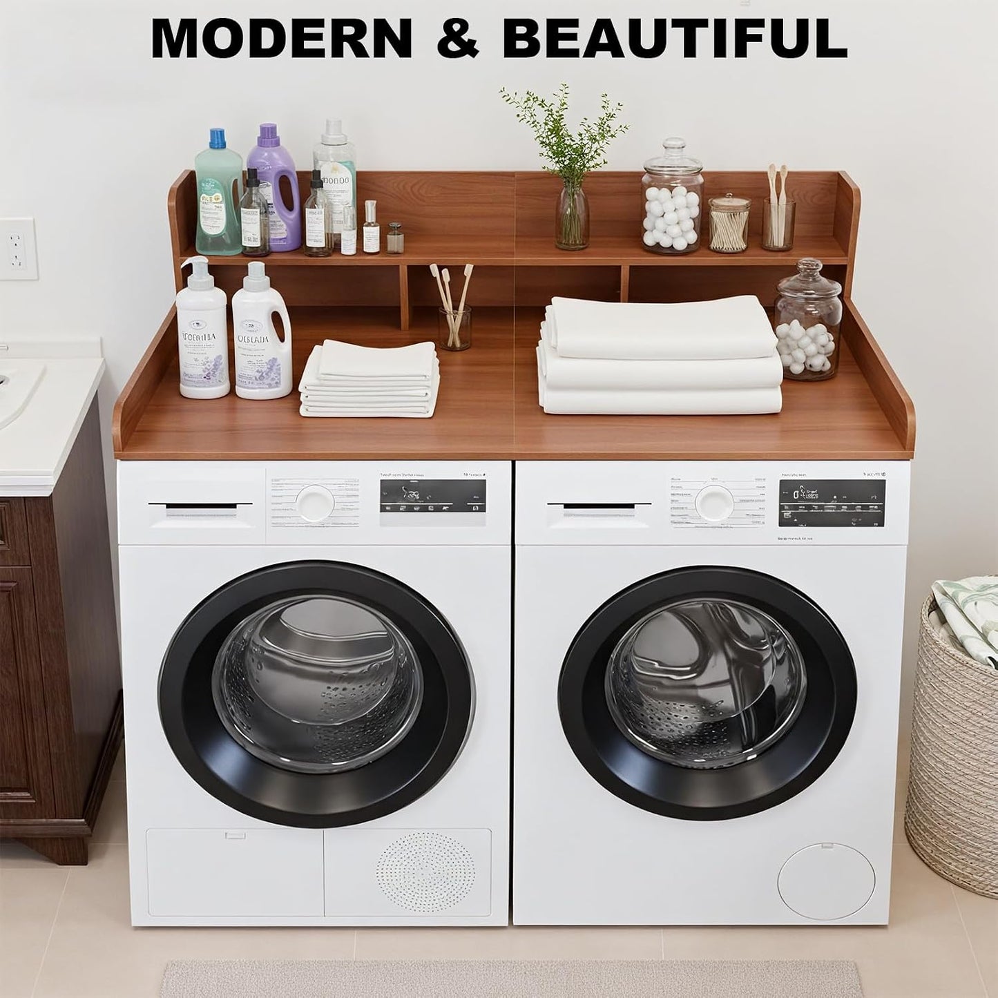 Washer Dryer Countertop with Shelf, 2-Tier Laundry Countertop Over Washer and Dryer, 54" x 27.55" Wooden Table for Folding Clothes for Laundry Room Organization and Storage (Black)