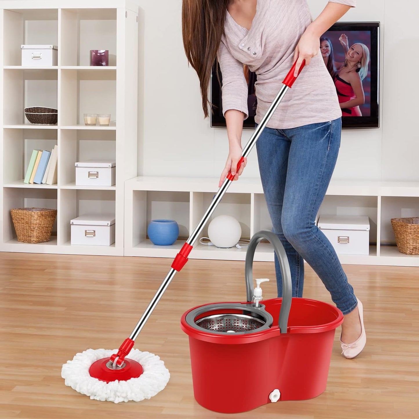 Spin Mop and Bucket with Wringer Set, 360° Spinning Mop Bucket System with 3 Microfiber Mop Replacement Heads, Adjustable Handle for Floor Cleaning (Green)