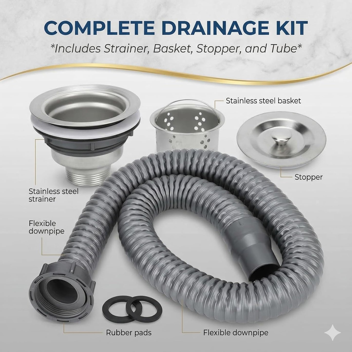 Stainless Steel Sink Drain Strainer Assembly with Flexible Hose - Salon Shampoo Bowl Drain Kit with Deep Hair Catcher Basket & Stopper - Fits 3.1" to 3.5" Sink Openings