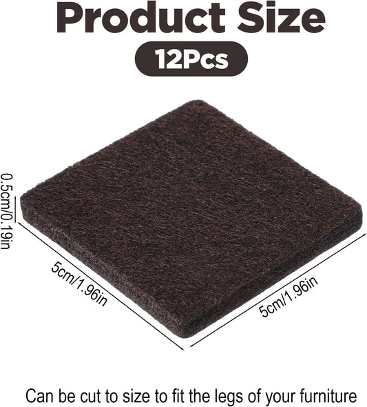 12 PCS Square Felt Pads for Chair Legs, 2 × 2 Inch Thick Adhesive Felt Pads | Non Scratch Furniture Pads for Hardwood Floors, Brown