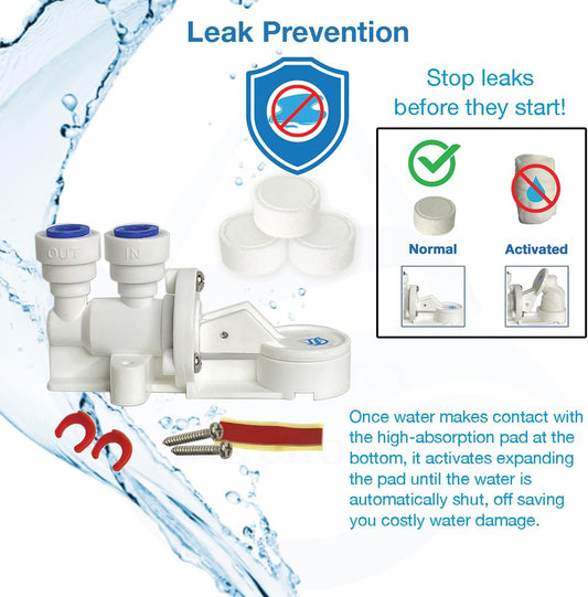1/4", 3/8", or High Flow Leak Stop Valve, Automatic Water Shut Off Valve, Leak Detector, Leak Protection for Reverse Osmosis to Full Flow Under Sink Water Filters (1/4" 1-Pack)