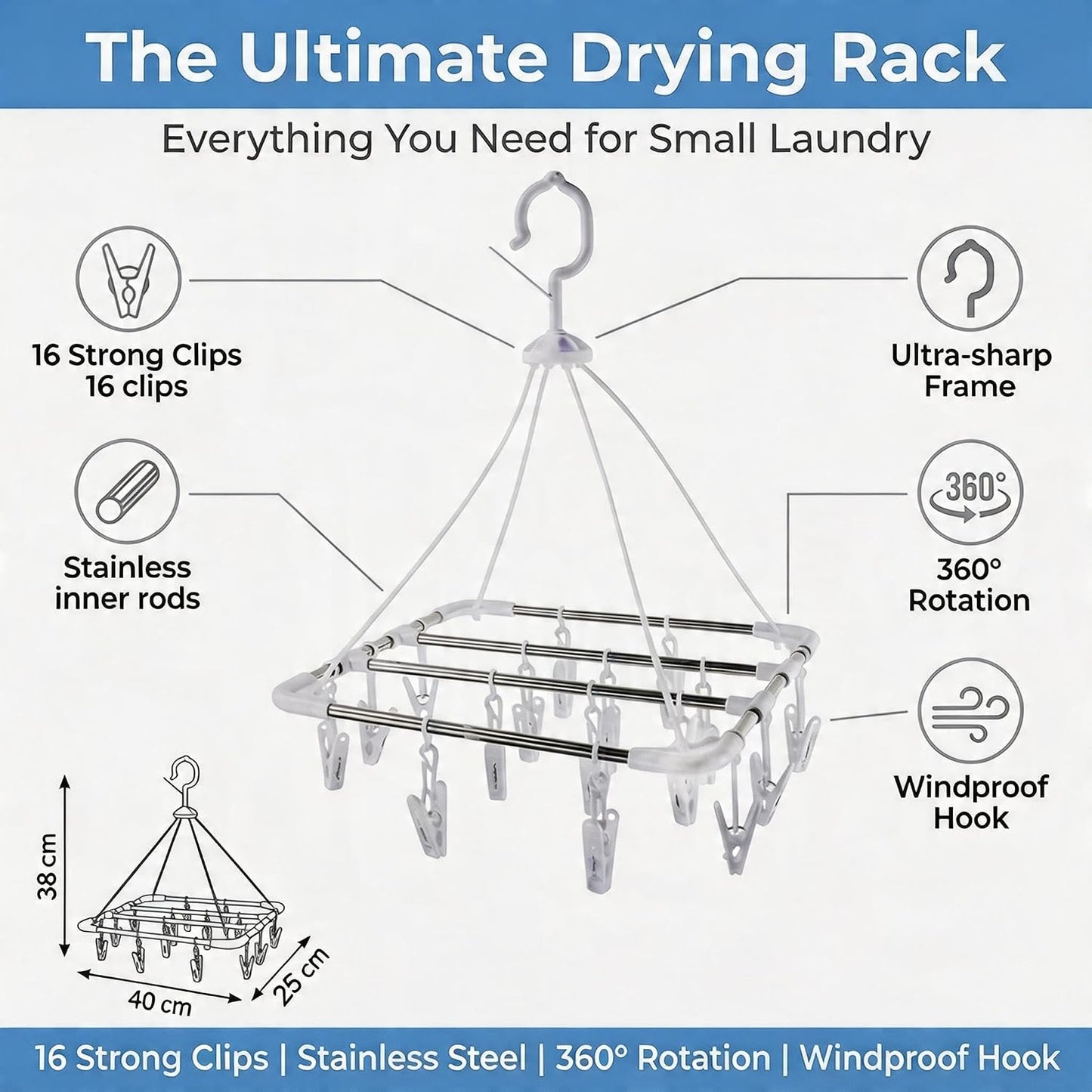 16 Clips Clothes Drying Rack, Stainless Steel Inner Rods Laundry Hanger with Windproof Hook & 360° Rotation, Space Saving Sock Dryer for Underwear, Baby Clothes, Towels, Small Laundry