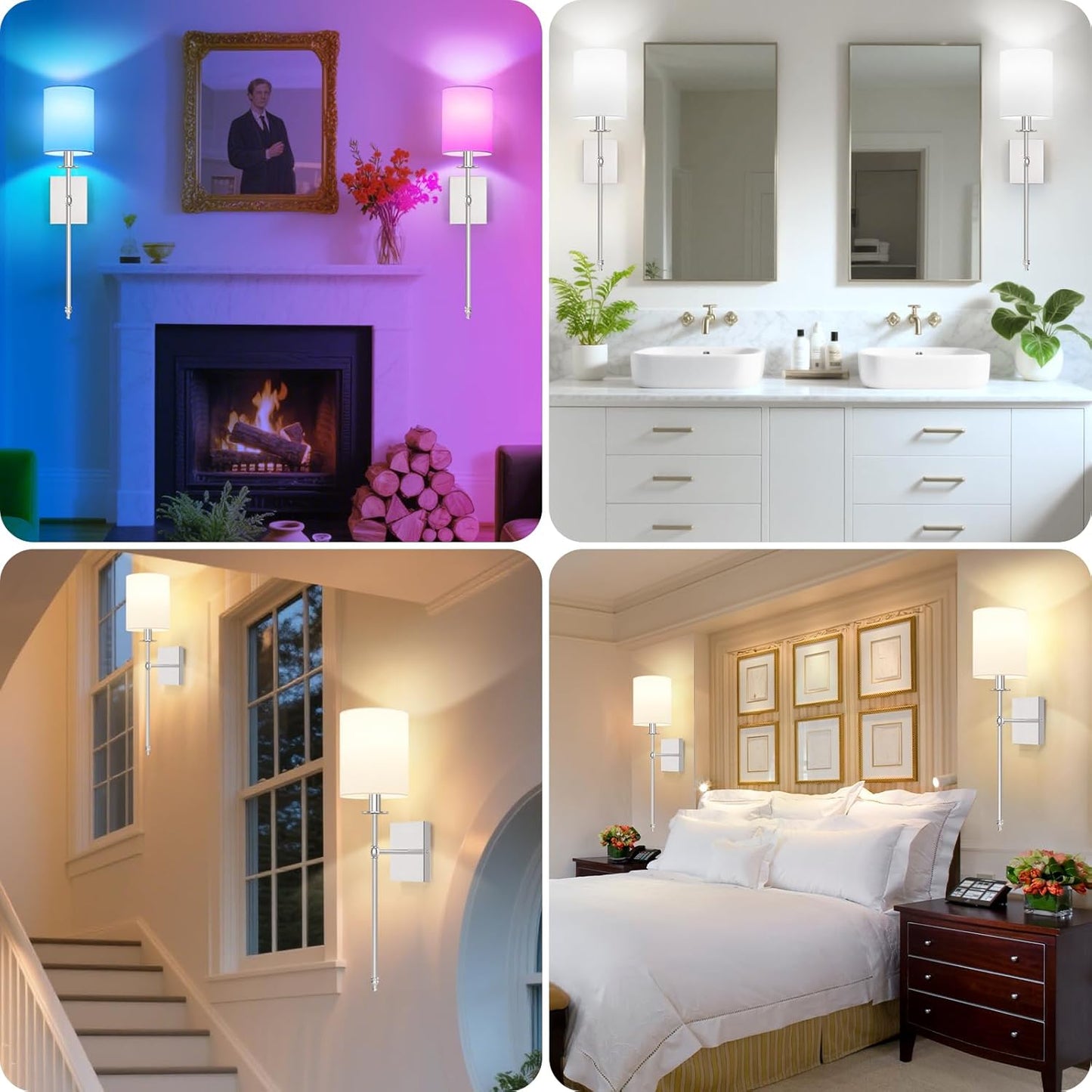 24.8 Inch Black Battery Operated Wall Sconces Set of 2, Rechargeable Wireless Wall Lights with Remote & White Fabric Shade, Indoor Not Hardwired Dimmable Wall Lamps for Bedroom, 2 Bulbs Included