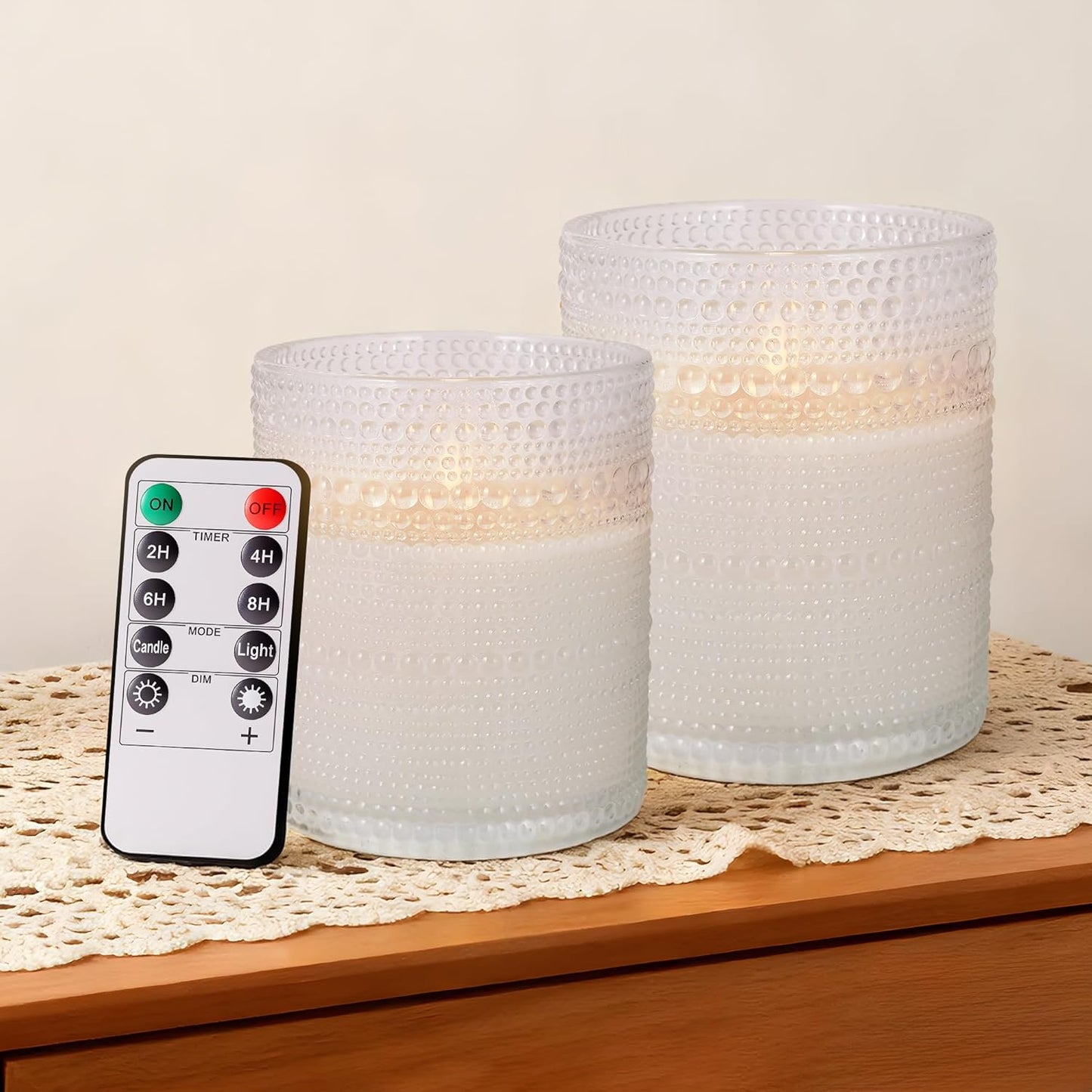 Dotted Glass Flameless Candles with Remote Timer, Real Wax Battery Operated LED Pillar Candles with 3D Flickering Flame for Festival Wedding Home Party Decor, 3" x 4", 4" x 5", Set of 2 (White)