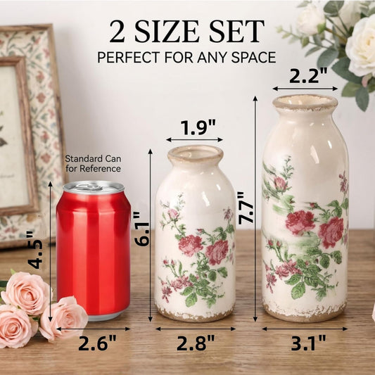 Covzoe Set of 2 Vintage Ceramic Small Vases, Rustic Farmhouse Flower Vase for Table Centerpiece, Mini Bud Vase Art Decor for Home Bookshelf Bedroom Living Room Office