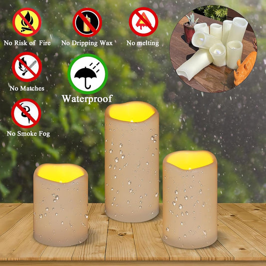 Flameless Candles 4" 5" 6" Set of 3 Ivory Outdoor Indoor Pillars 3" Diameter Battery Operated Flickering Candles Include 10-Key Remote Timer Function 400+ Hours Requires 2 AA Batteries(3 Pack)