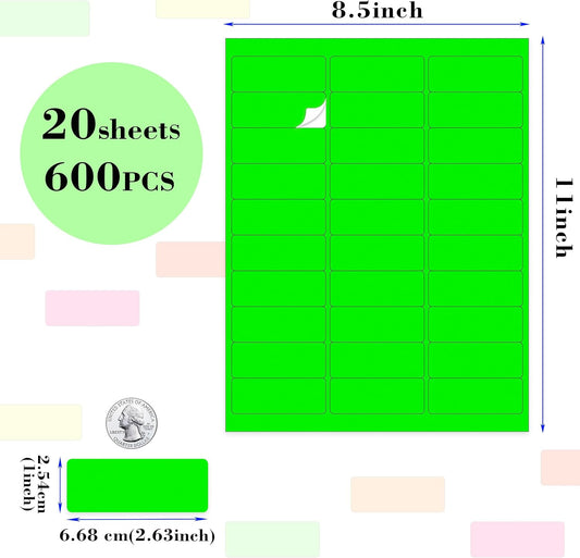 YSHIHE Fluorescent Shipping Address Labels,1" x 2-5/8" Neon Label 600 PCS | 5 Colors Neon Stickers for Inkjet or Laser Printer for Moving Lables,Mailing Shipping Envelopes and Organization 20 Sheets