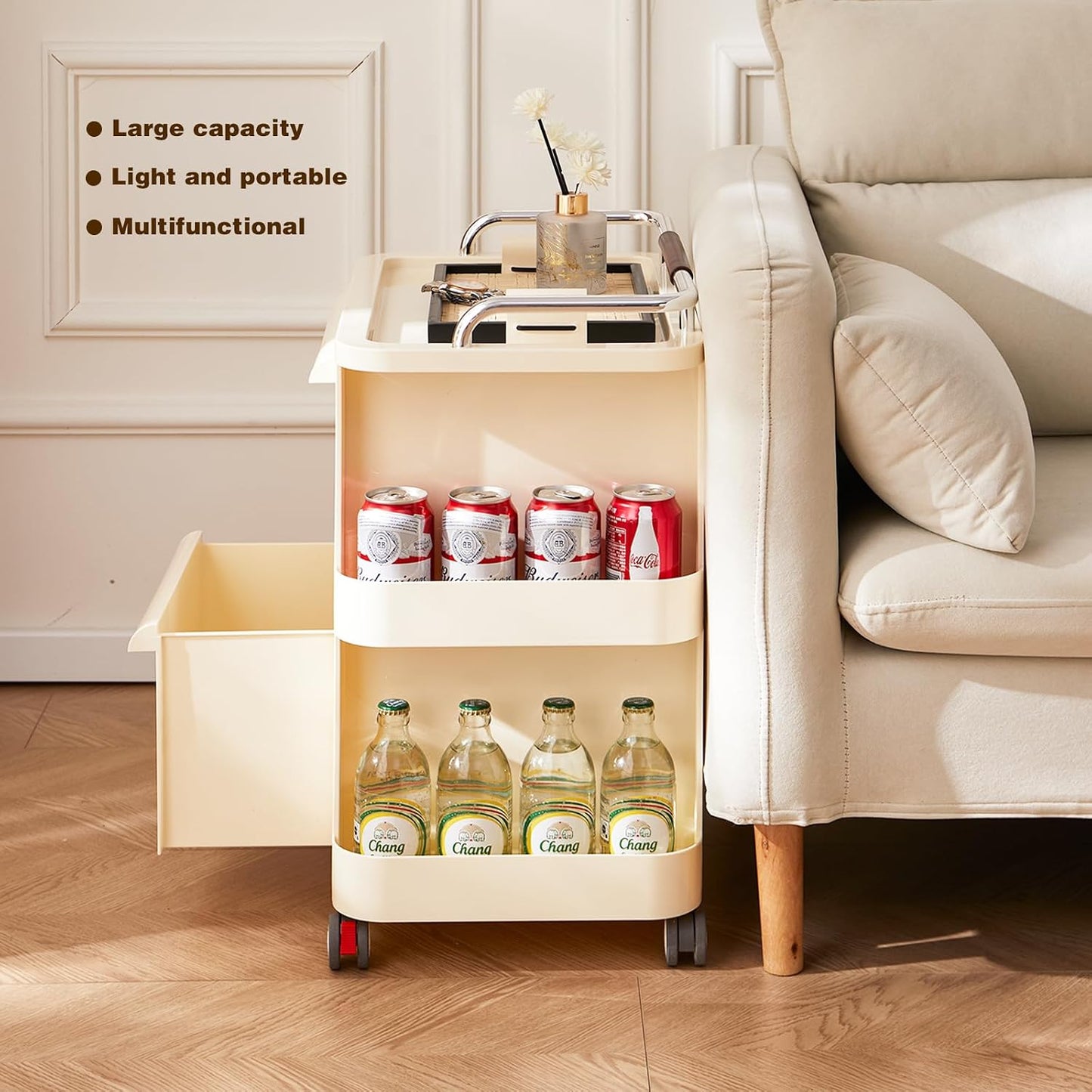 2 Tier Rolling Cart with Drawers - Multi-Functional Storage Slim Rolling Cart with 2 Drawers - Storage Cabinet for Bedroom, Living Room & Kitchen, Ideal for Snacks, Toys & Daily Essentials