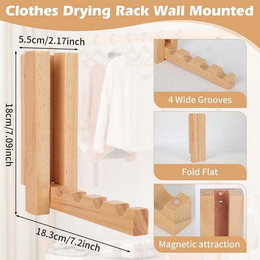 2 Pack Wall Mounted Clothes Drying Rack, Foldable Wooden Laundry Drying Rack Wall Mount, Magnetic Clothes Hanger Rack for Laundry Room, Bathroom, Closet Organization, Space Saving Storage