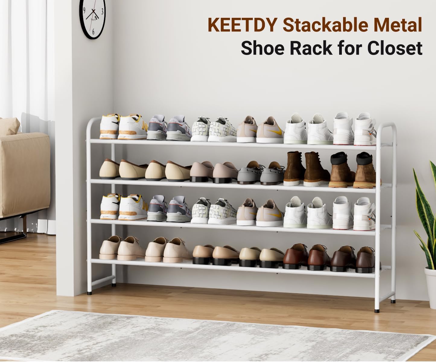 KEETDY 3-Tier Long Shoe Rack for Closet Metal Shoe Organizer for Entryway, Wide Stackable Shoe Storage Shelf with Sturdy Wire Grid for Closet Floor, Bedroom, Black