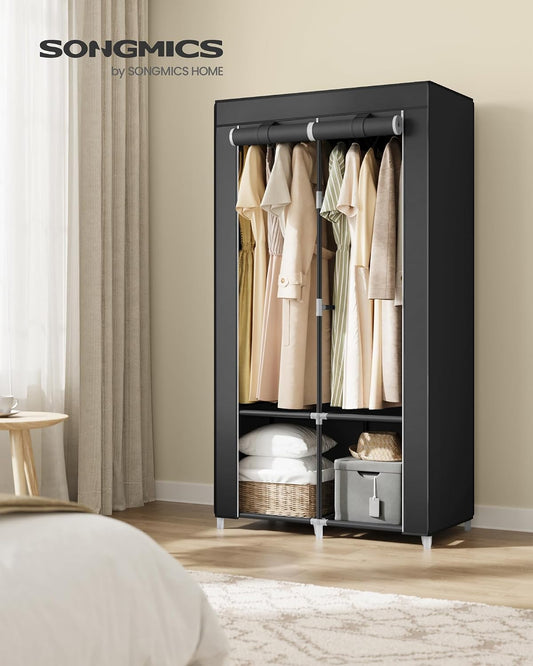 SONGMICS Portable Closet, Wardrobe Closet Organizer with Cover, 3 Hanging Rods and Shelves, 4 Side Pockets, 51.2 x 17.7 x 65.7 Inches, Large Capacity for Bedroom, Living Room, Ink Black URYG092B02