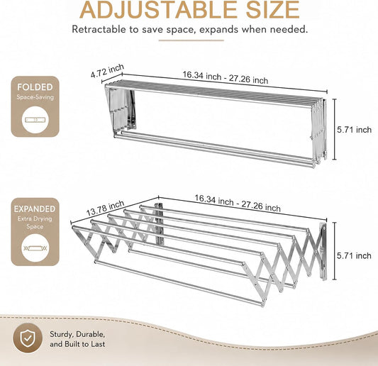Wall Mounted Drying Rack, Wall Mount Clothes Drying Rack Retractable, Space Saving Accordion Laundry Rack with 7 Staggered Rods, Wall Drying Rack for Bathroom Laundry Room Balcony