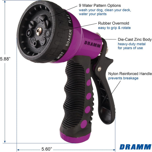 Dramm Revolver Heavy Duty Metal Garden Hose Nozzle – 9 Spray Patterns, High Pressure Jet, Thumb-Control Flow, Ergonomic Grip – Green