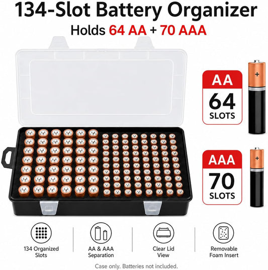Xuerdon Battery Organizer Case with BT168 Tester 120+ Batteries Storage Box | Clear Plastic Battery Box Holds 49AA 51AAA 10CR2032 10CR1632 Batteries, Wall Mount Drawer Organizer Batteries not Included