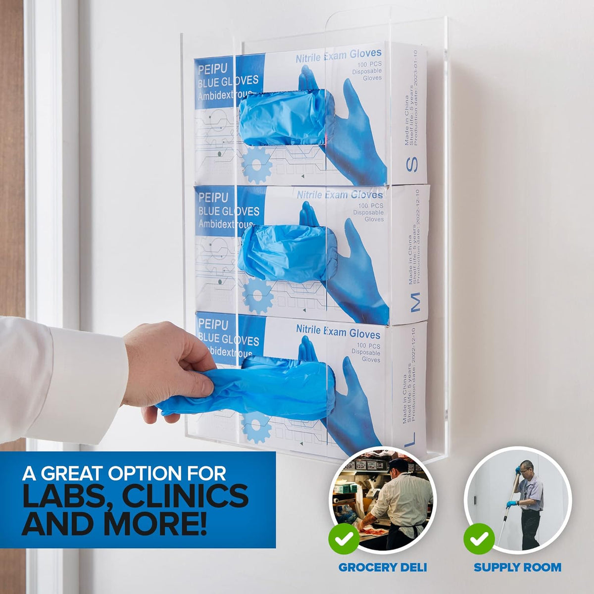 Stock Your Home Triple Acrylic Gloves Dispenser, Tissue Box Shelf, Glove Holder Wall Mount, For Kitchen, Cleaning Closet, Lab, Exam, Office