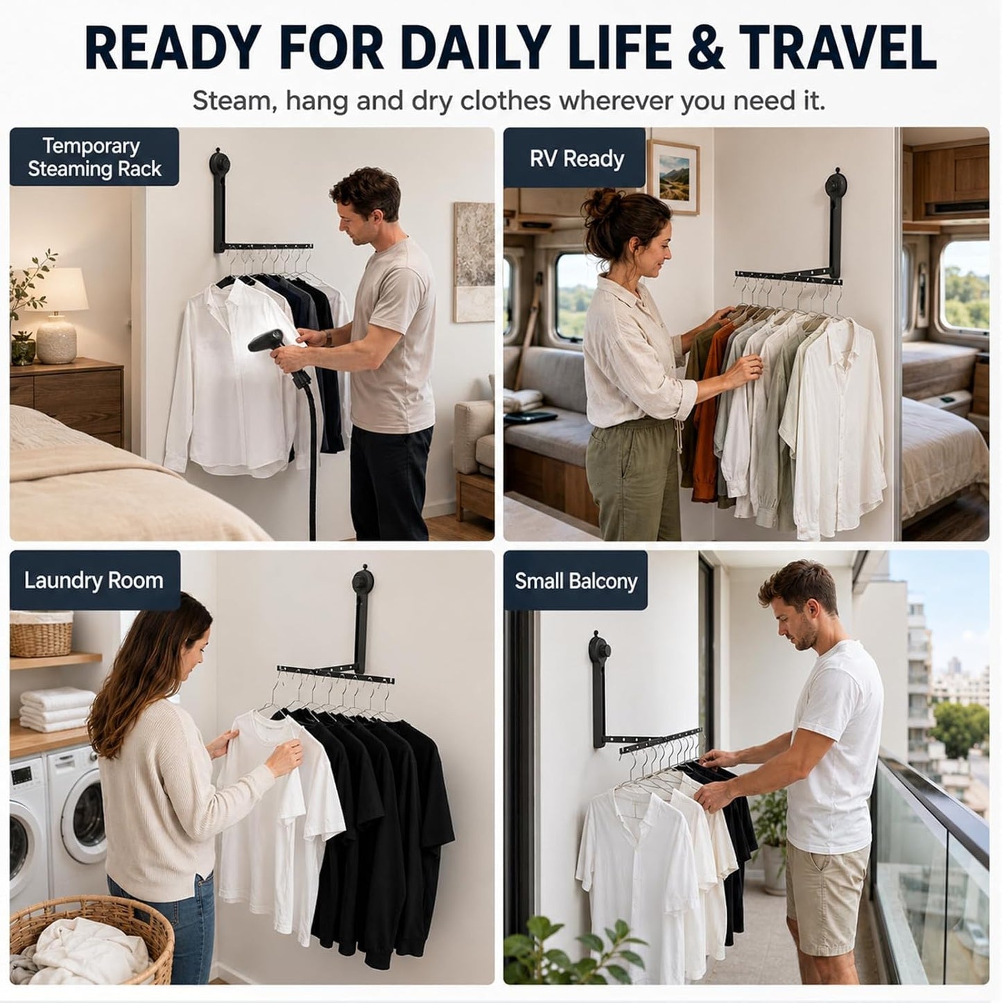 Suction Cup Wall Mounted Drying Rack, Foldable No Drill Laundry Hanger | No-Drill Hanging Solution Holds of Laundry on Smooth Tile, Glass, Metal, Marble; Portable, Reusable for RV Travel