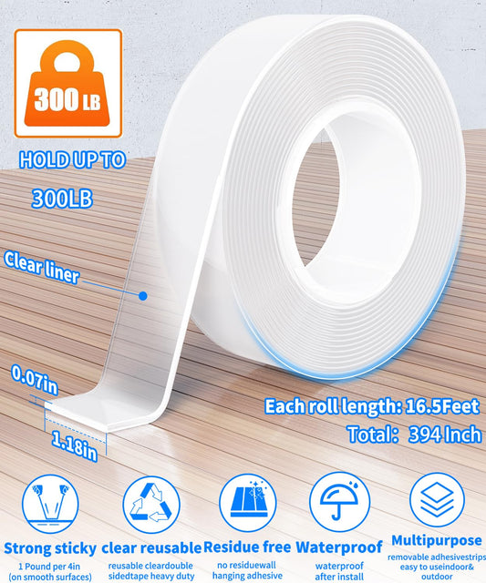Double Sided Tape Heavy Duty, Nano Tape, Double Sided Mounting Tape, Clear Adhesive Tape for Hanging Picture, Poster, Carpet, Photo Deco, 2 Rolls, 16.5 Feet Per Roll