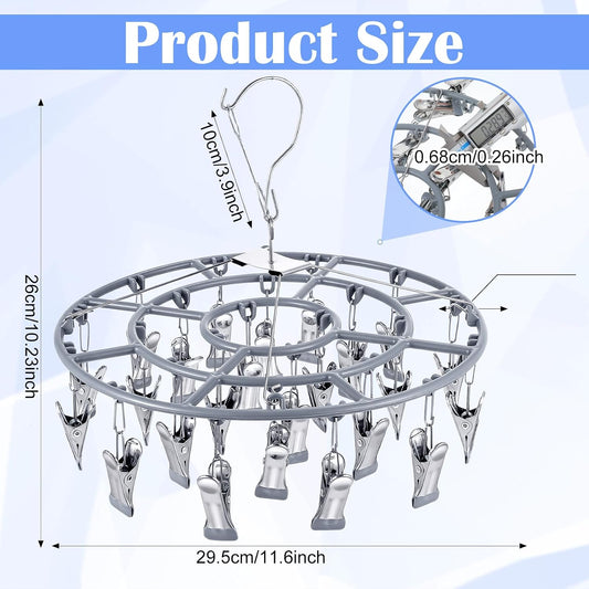 2 Pack Clothes Drying Rack with 24 Clips, Stainless Steel Clothes Drying Hanger, Swivel Windproof Round Dry Rack, Heavy Duty Underwear Hanger for Indoor Outdoor Wet and Dry (Grey)