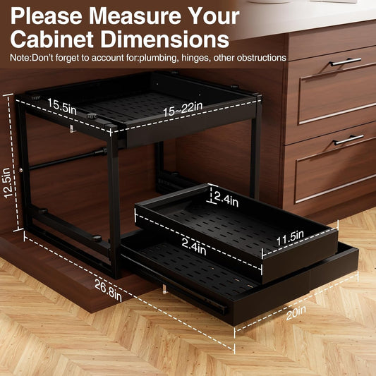 2-Tier Expandable Pull Out Cabinet Organizer, Heavy Duty Adjustable Width Metal Slide Out Shelf, No Screw Cabinet Storage Rack for Kitchen Bathroom 17in Depth Cabinet(Black)