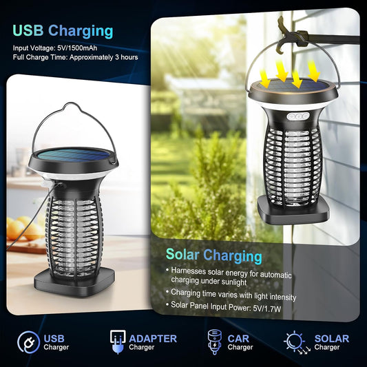 PhatroyYee Solar Bug Zapper Outdoor, 3-in-1 Mosquito Zapper Outdoor Solar Powered, Cordless Electric Bug Zapper Indoor with Night Light, Waterproof Fly Zapper for Patio Backyard Home Kitchen Camping