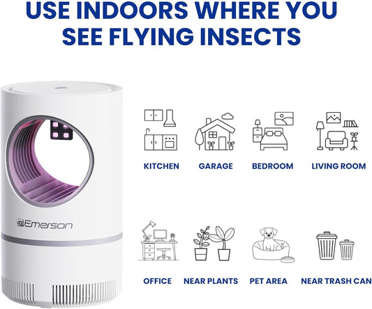 Emerson ITM8110 Indoor Portable Flying Bug Catcher with UV LED light & Fan Suction, 24/7 Mess Free Alternative for Catching Flies, Fruit Flies, Moths, Gnats & More - Includes 3 Replacement Glue Boards