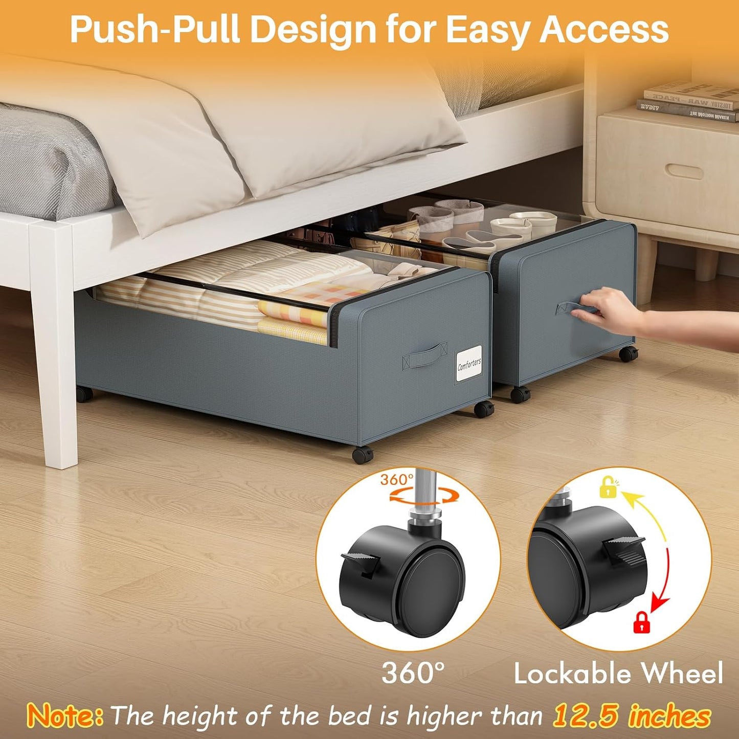 Webetop Under Bed Storage Containers with Wheels,12 inch Under the Bed Storage Bins with Clear Lid for Underneath Small Spaces Dorms, Blankets (2 Pack, 30.7"x17.3"x12")