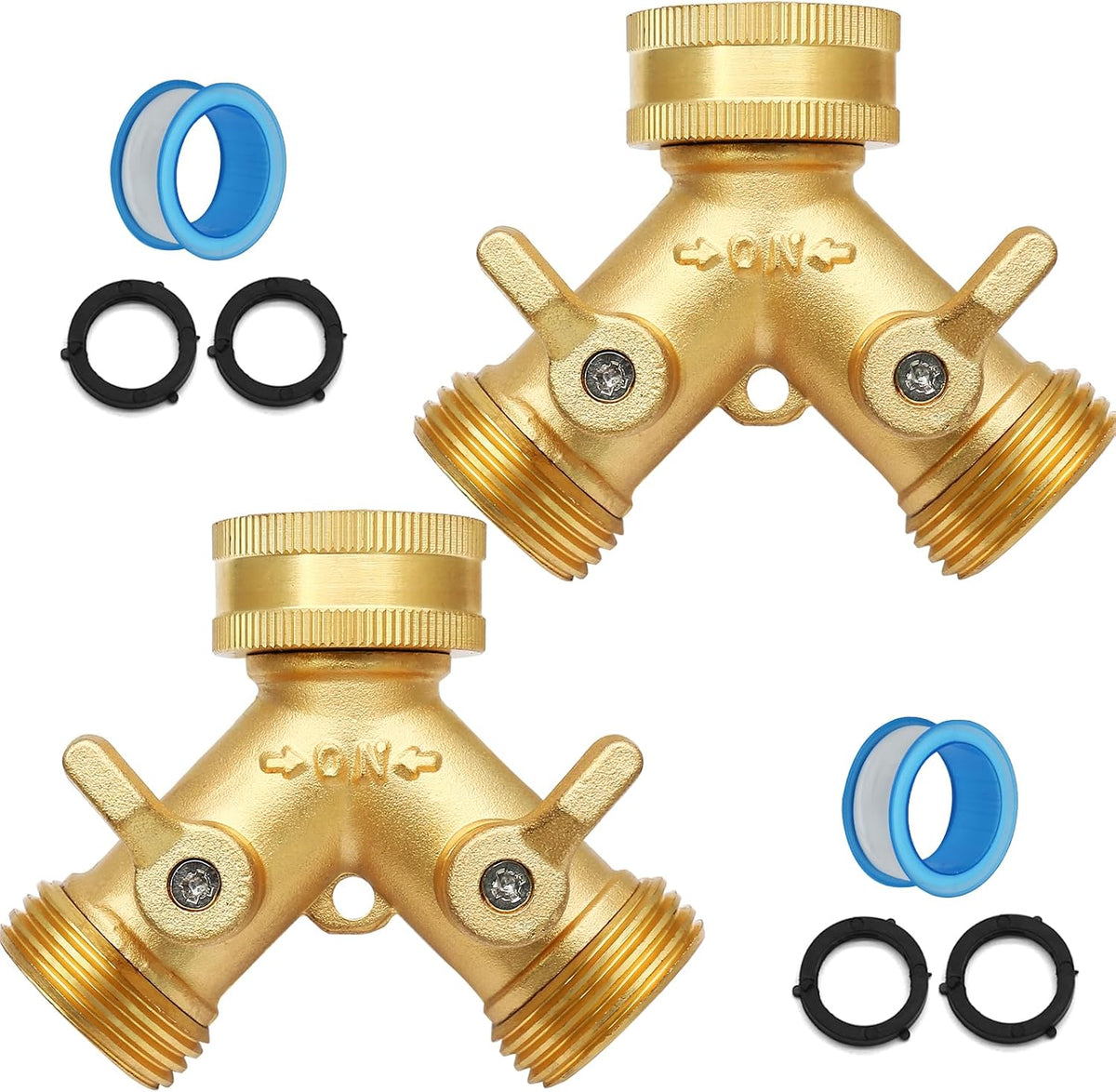 Biaungdo 2 Pcs 2 Way Connector Garden Hose Splitter, 3/4 Inch, Brass | Garden Hose Y Splitter, Solid Brass Hose Adapter Y Valve Spigot Faucet Adapter with Faucet Watering Shut Off Valves