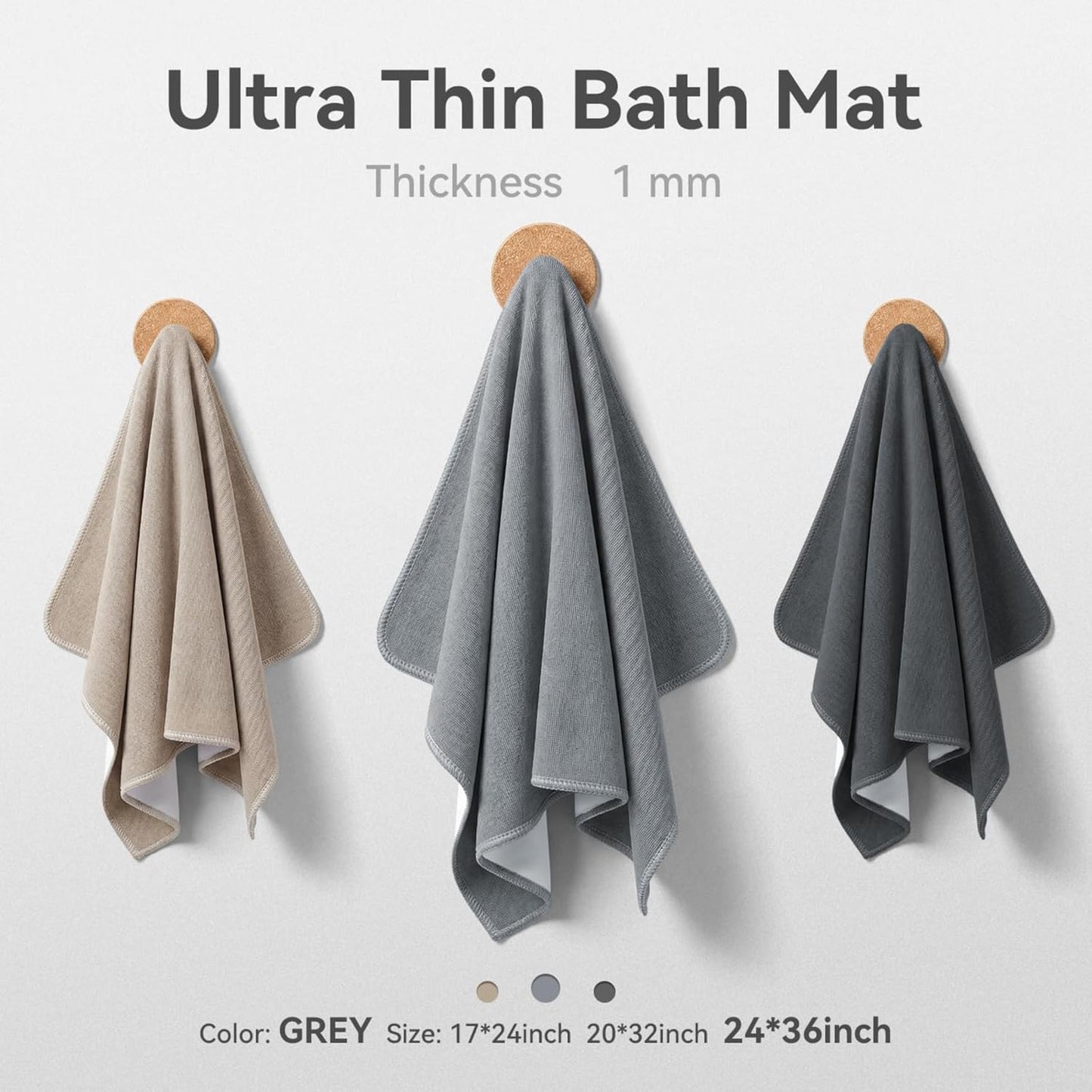 MontVoo Ultra Thin Bath Mat, Super Absorbent Bathroom Mat, Quick Drying Bath Rugs for Bathroom, Machine Washable Non-Slip Bathroom Rug Front of Bathtub, RV, Shower Room, Sink, (17x24, Grey, 1Pack)