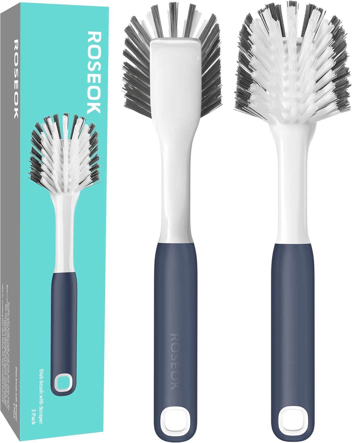 ROSEOK Dish Brush with Built-in Scraper,Kitchen Scrub Brush for Cleaning Dishes,Pots,Non-Stick Pans and Sinks,Navy Blue,2 Pack