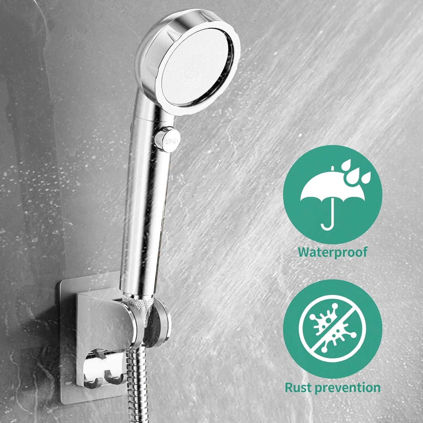 Hand Held Shower Head Holder Wall Mount, Shower Hose Holder Adhesive with 2 Hanger Hooks, Adjustable Shower Handle Holder, No Drilling Shower Wand Holder (Chrome, 1 Pack)