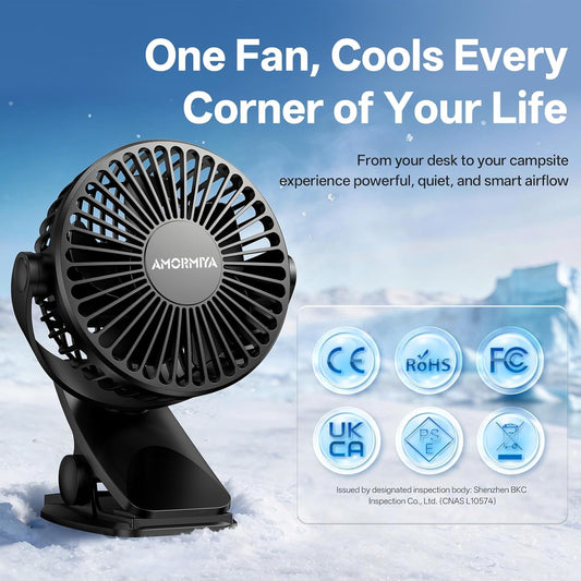 Portable Clip on Fan Rechargeable Mini for Desk Golf Camping Black | 4000mAh 20H Battery, Quiet Brushless Motor 4.5m/s, One-Click Shutdown, 3 Speeds, Detachable Cover, Type-C Charge, 360° Rotate
