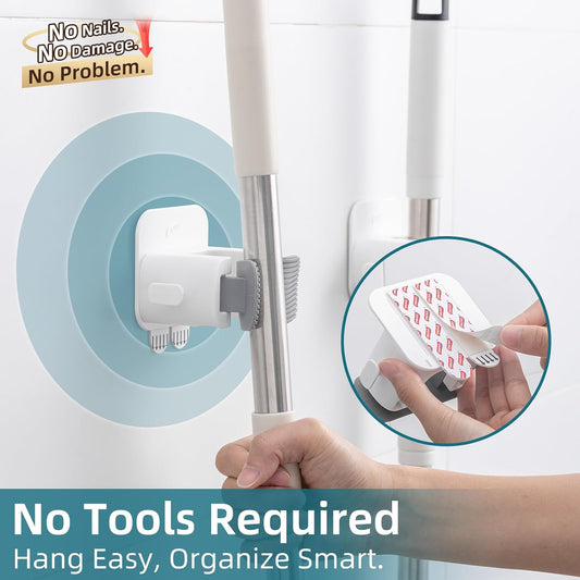 TAILI Mop and Broom Holder Wall Mount Grippers, 2 Hangers and 6 Adhesive Strips, Damage Free Hanging Wall Mount, Household Cleaning Organizer for Organization and Storage, Holds up to 4 lbs, White