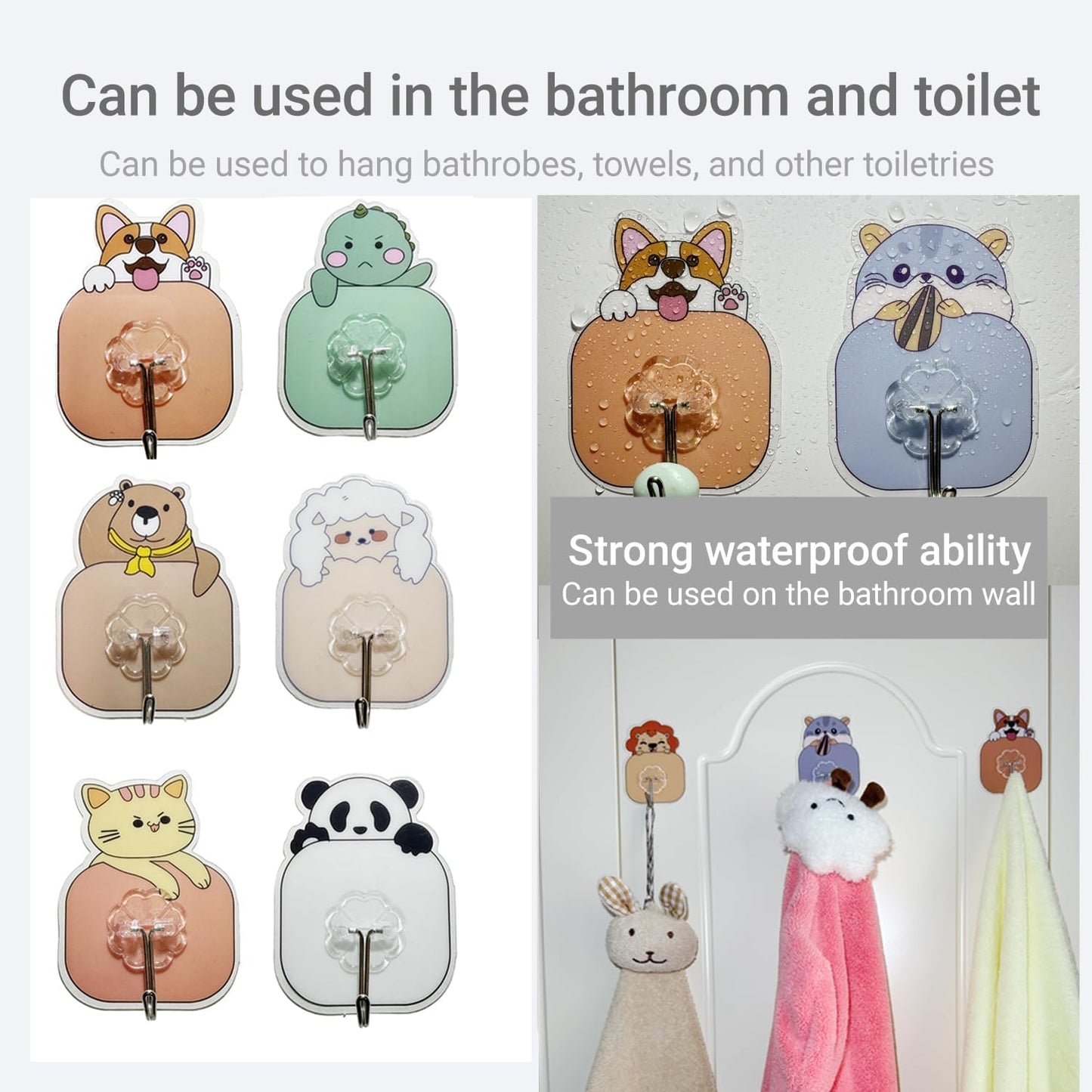 Heavy Duty Adhesive Wall Hooks for Hanging, 20 Pack Self Sticky Hook 30lb(Max), Waterproof Oilproof Stainless Steel Utility Hooks for Bathroom Shower Kitchen Wardrobe Outdoor Keys Coats, Cartoon