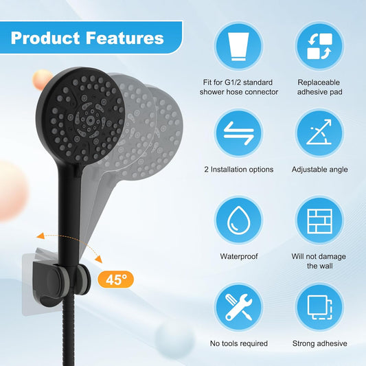 Hibbent Shower Head Holder, Strong Adhesive, Waterproof, Height Adjustable, Wall Mount, No Drilling, Matte Black