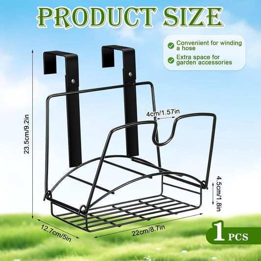 Frienda Fence Hose Hanger with Storage Basket Heavy Duty Hose Holder Wall Mount Hoses Hanger for Extension Cords Garden Fence Outdoor Yard(Movable Type,Black)