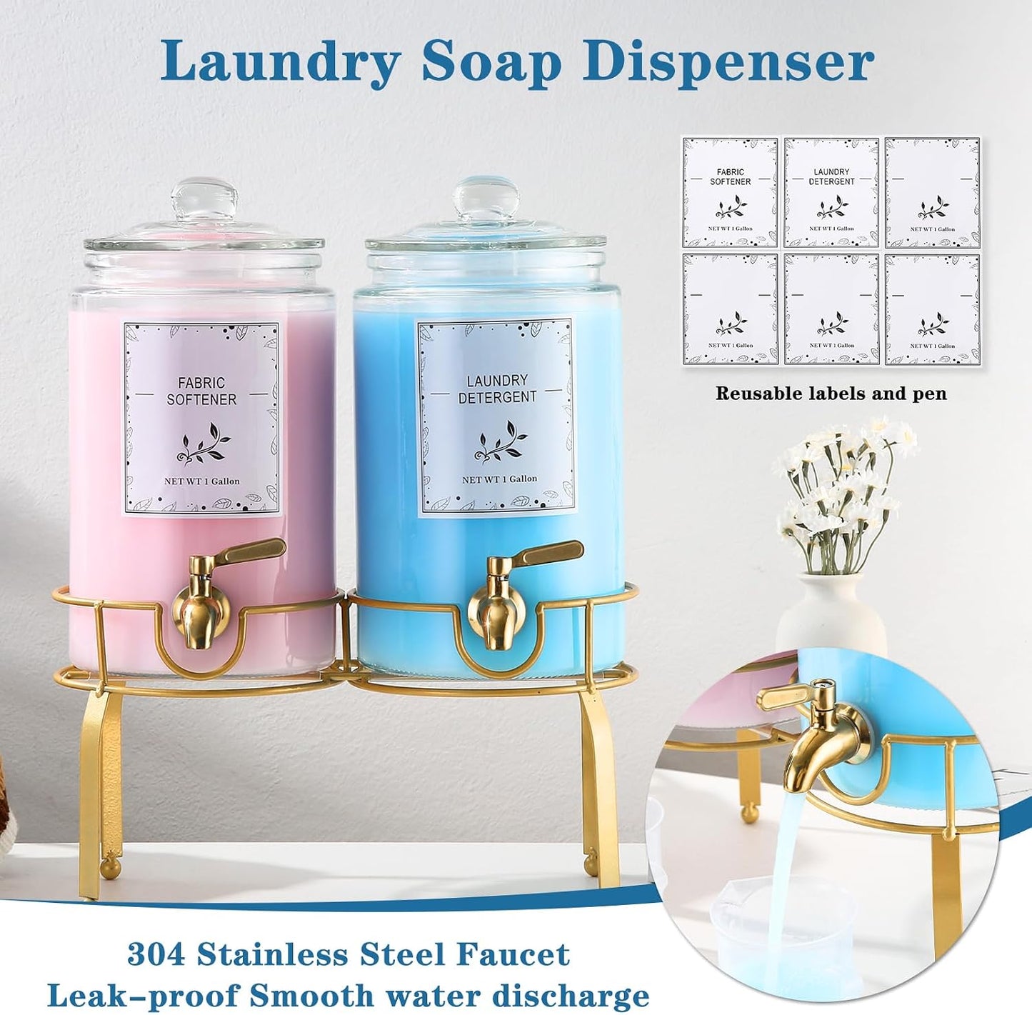 Glass Laundry Detergent Dispenser- 1 Gallon Glass Fabric Softener Dispenser with Leak-Proof Stainless Steel Faucet & Stand. Large Laundry Soap Container for Washer Room Organization &Storage