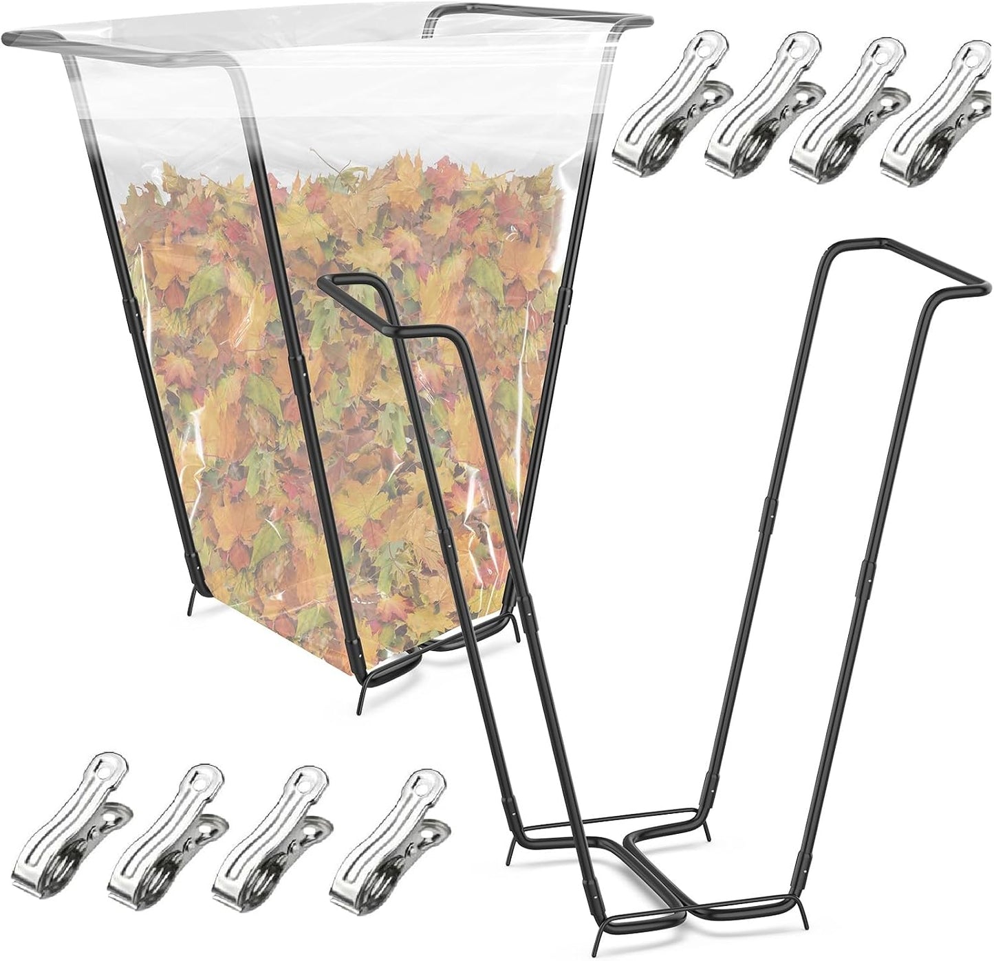 Outdoor Trash Bag Holder Metal Garden Trash Bag Holder for Yard Waste Stand Holds 30-45 Gallons Leaf Bag Holder with 4 Clips for Leaves Camping Lawn Party Weeding Yard Gardening(1pcs+4clips)