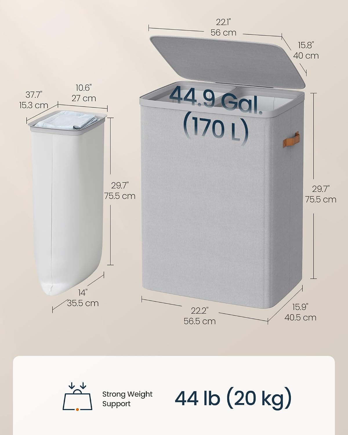 SONGMICS HOME Laundry Hamper with Lid, 2 Section Laundry Basket with Removable Liners and Handles, Foldable Clothes Sorter for Bedroom, Bathroom, Beige