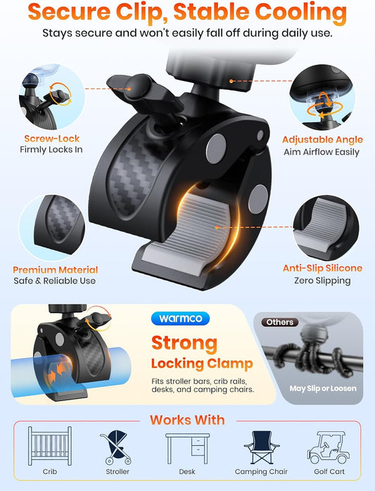 Warmco Portable Stroller Fan, 4000mAh Rechargeable Clip On Fan for Baby | Secure Clamp, Up to 15H Runtime, Protective Grille, Quiet, 360° Rotatable, Removable Cover, LED Display
